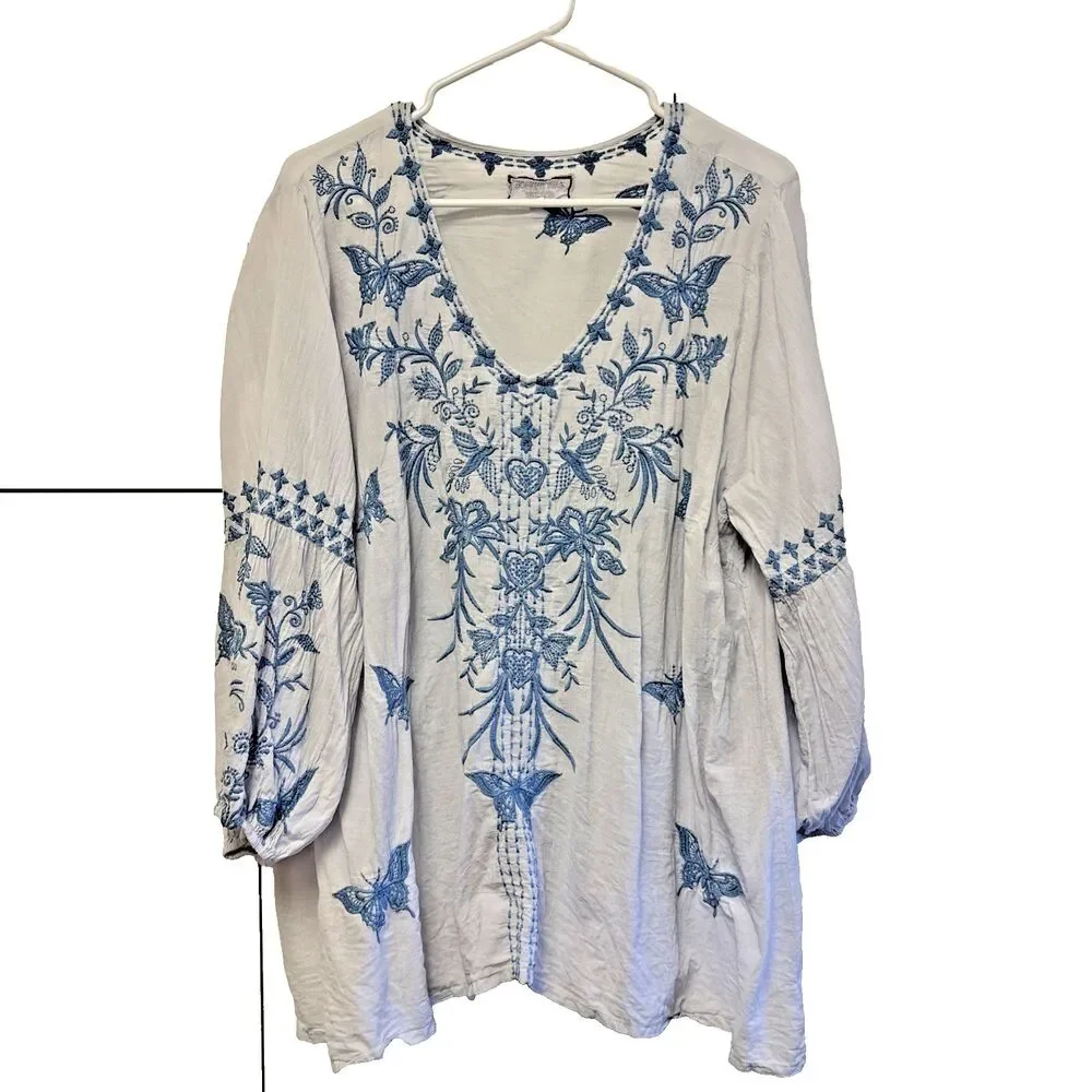 Johnny Was Workshop Lulu Top 3X Puff Sleeve Floral Embroidered Peasant Butterfly